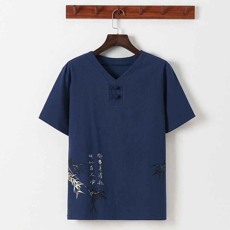 Nimara Ritual 2Pcs Summer Tang Style Casual Frog Button Bamboo Print Cotton Linen Short Sleeve Shirt Pants Men's Meditation Cloth With Pockets