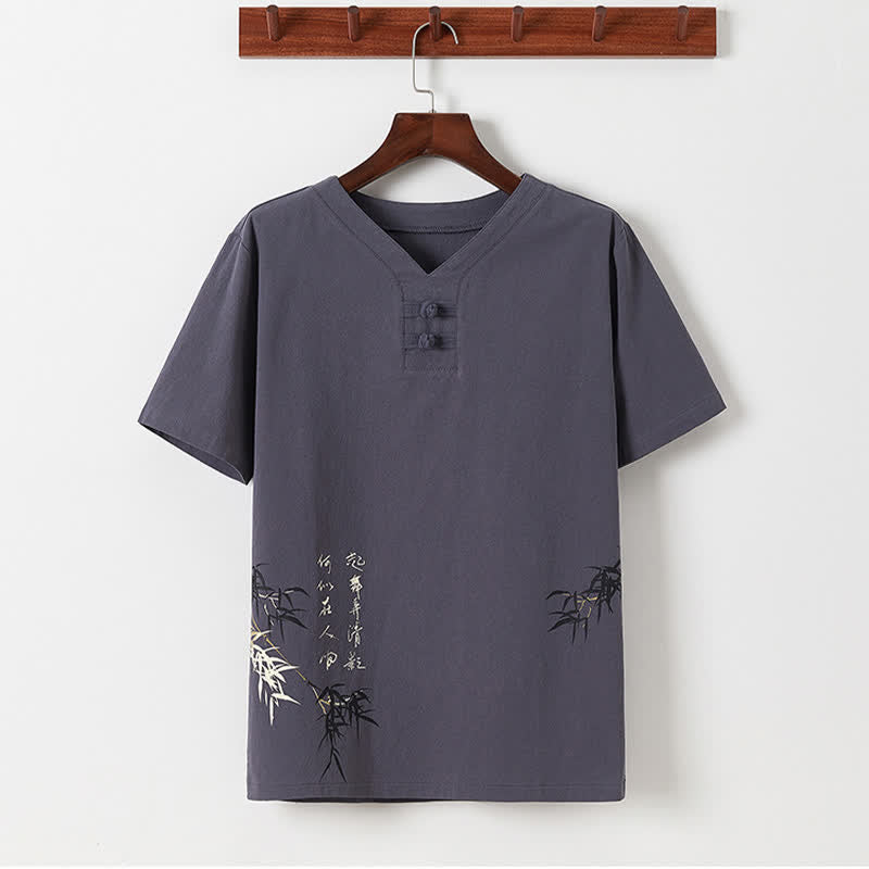 Nimara Ritual 2Pcs Summer Tang Style Casual Frog Button Bamboo Print Cotton Linen Short Sleeve Shirt Pants Men's Meditation Cloth With Pockets
