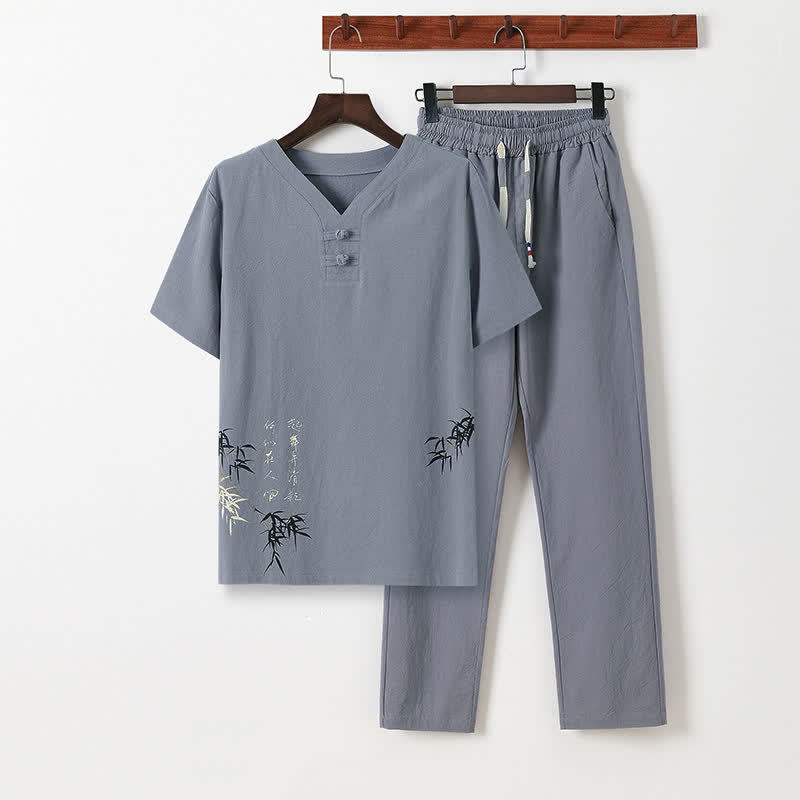 Nimara Ritual 2Pcs Summer Tang Style Casual Frog Button Bamboo Print Cotton Linen Short Sleeve Shirt Pants Men's Meditation Cloth With Pockets