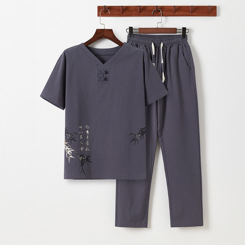 Nimara Ritual 2Pcs Summer Tang Style Casual Frog Button Bamboo Print Cotton Linen Short Sleeve Shirt Pants Men's Meditation Cloth With Pockets
