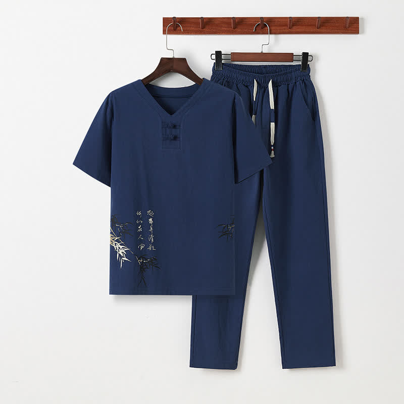 Nimara Ritual 2Pcs Summer Tang Style Casual Frog Button Bamboo Print Cotton Linen Short Sleeve Shirt Pants Men's Meditation Cloth With Pockets