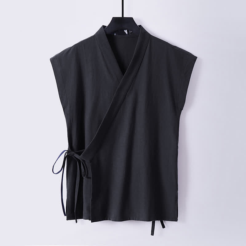 Nimara Ritual 2Pcs Summer Meditation Tang Style Drawstring Solid Cotton Linen Short Sleeve Shirt Shorts Men's Meditation Cloth With Pockets
