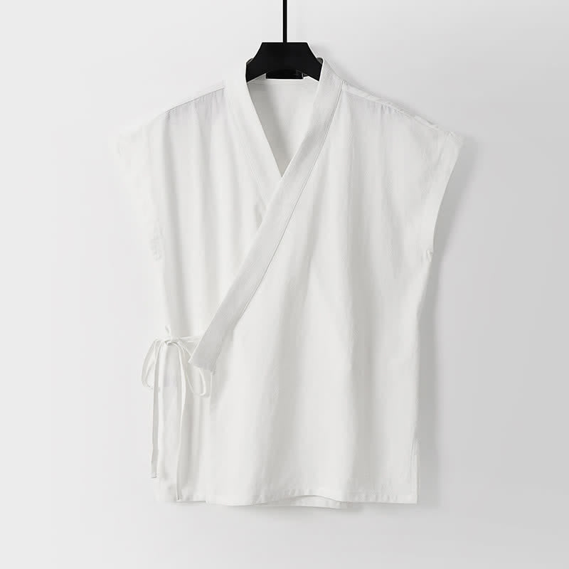 Nimara Ritual 2Pcs Summer Meditation Tang Style Drawstring Solid Cotton Linen Short Sleeve Shirt Shorts Men's Meditation Cloth With Pockets