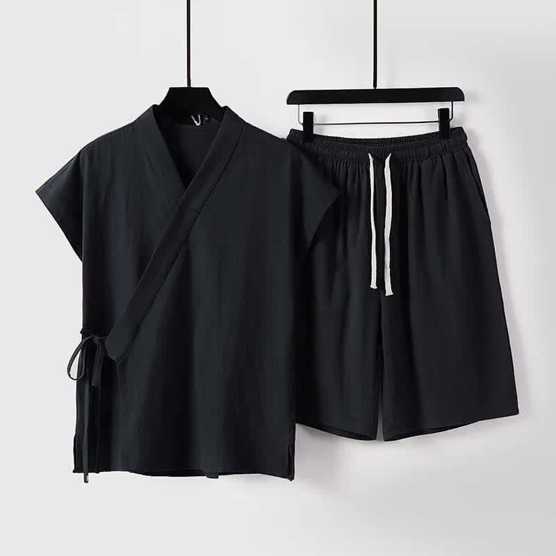 Nimara Ritual 2Pcs Summer Meditation Tang Style Drawstring Solid Cotton Linen Short Sleeve Shirt Shorts Men's Meditation Cloth With Pockets
