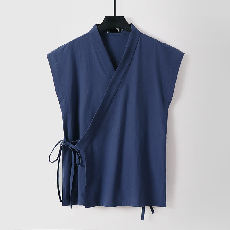 Nimara Ritual 2Pcs Summer Meditation Tang Style Drawstring Solid Cotton Linen Short Sleeve Shirt Shorts Men's Meditation Cloth With Pockets