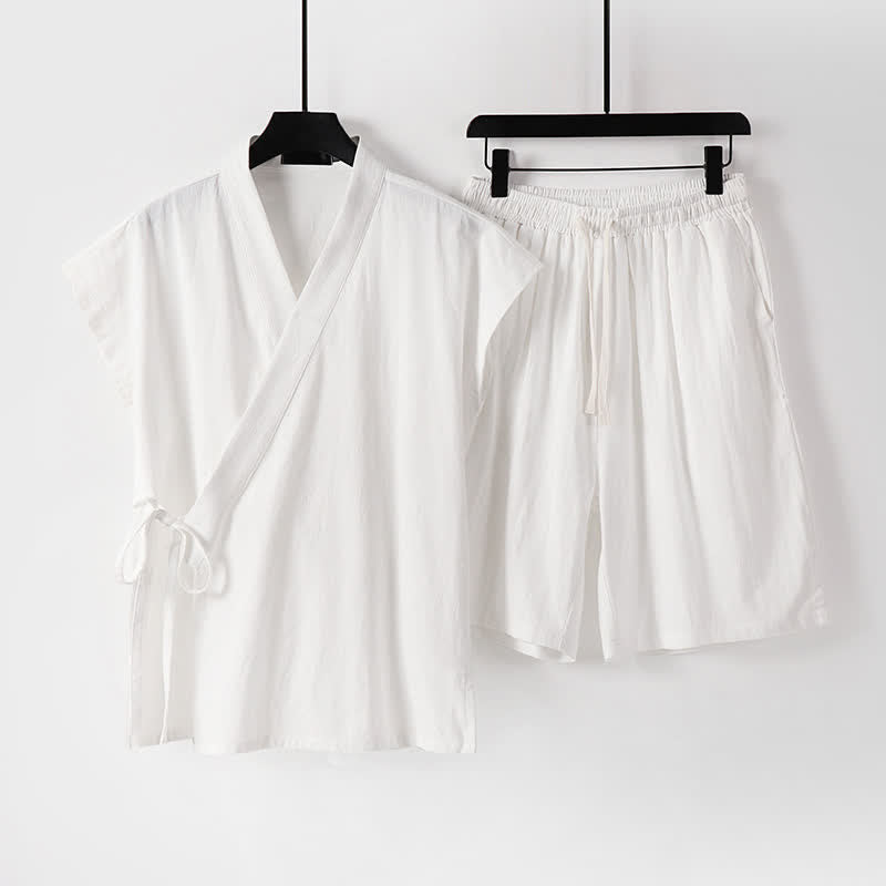 Nimara Ritual 2Pcs Summer Meditation Tang Style Drawstring Solid Cotton Linen Short Sleeve Shirt Shorts Men's Meditation Cloth With Pockets