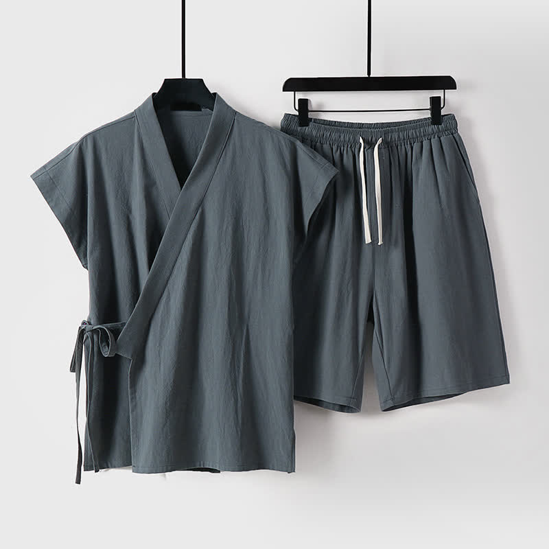 Nimara Ritual 2Pcs Summer Meditation Tang Style Drawstring Solid Cotton Linen Short Sleeve Shirt Shorts Men's Meditation Cloth With Pockets