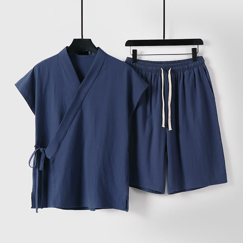 Nimara Ritual 2Pcs Summer Meditation Tang Style Drawstring Solid Cotton Linen Short Sleeve Shirt Shorts Men's Meditation Cloth With Pockets