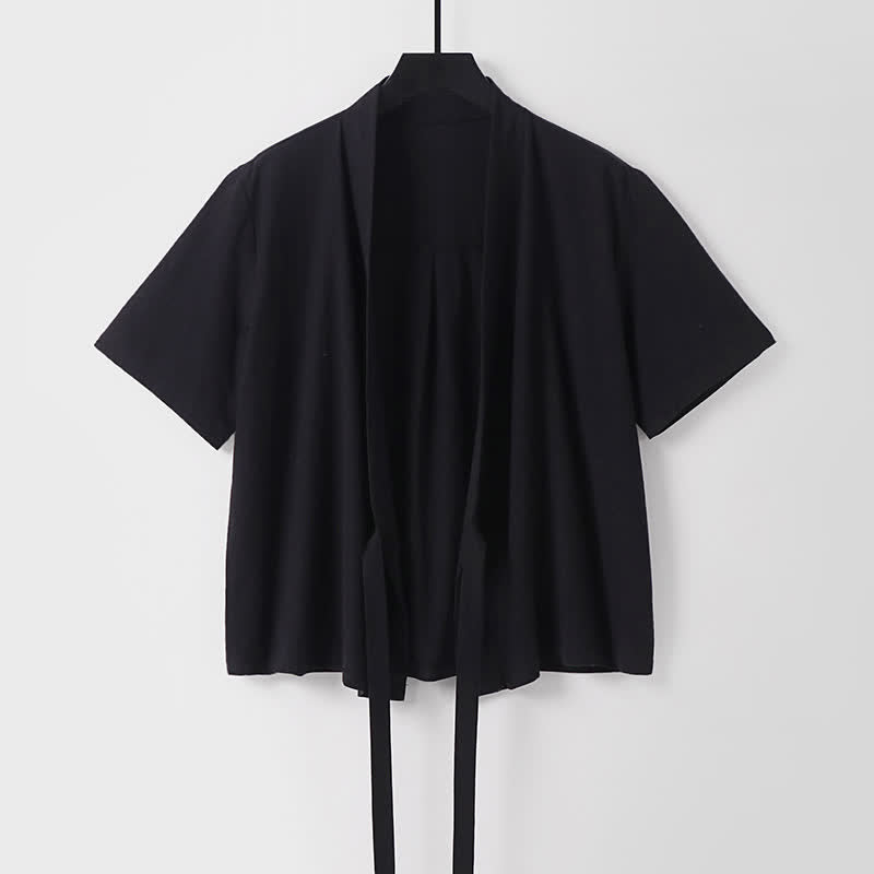 Nimara Ritual Summer Casual Minimalist Short Sleeve Solid Lace-up Open Front Cotton Linen Men's Kimono