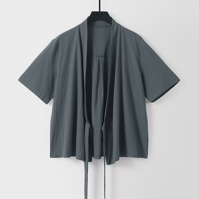 Nimara Ritual Summer Casual Minimalist Short Sleeve Solid Lace-up Open Front Cotton Linen Men's Kimono