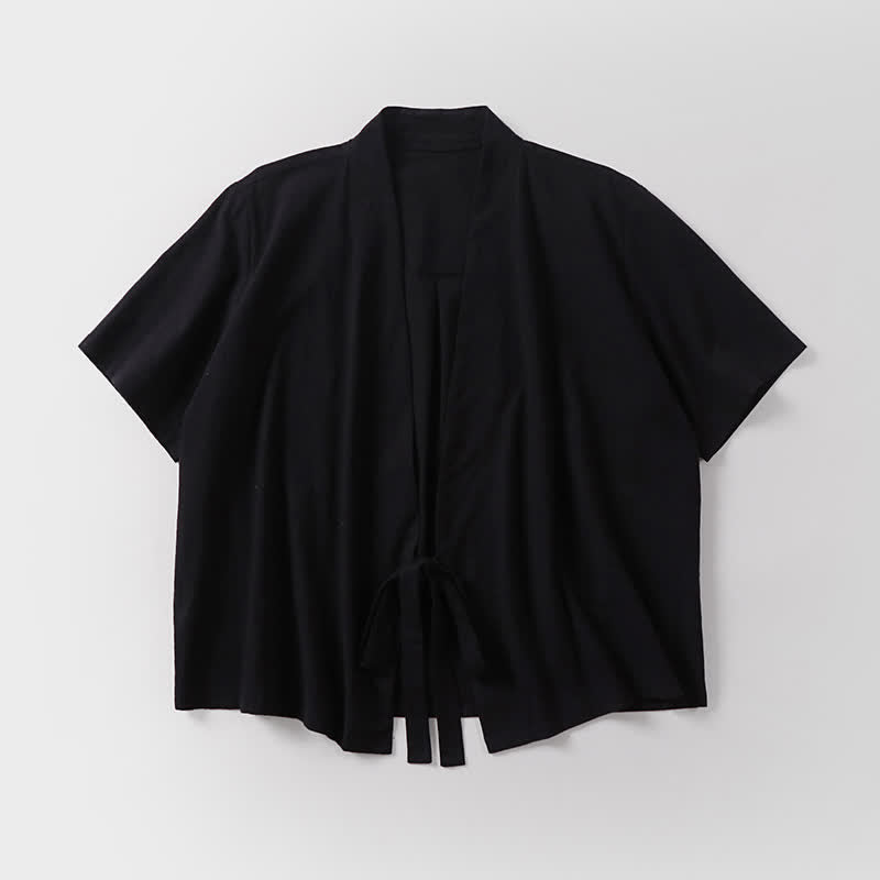Nimara Ritual Summer Casual Minimalist Short Sleeve Solid Lace-up Open Front Cotton Linen Men's Kimono