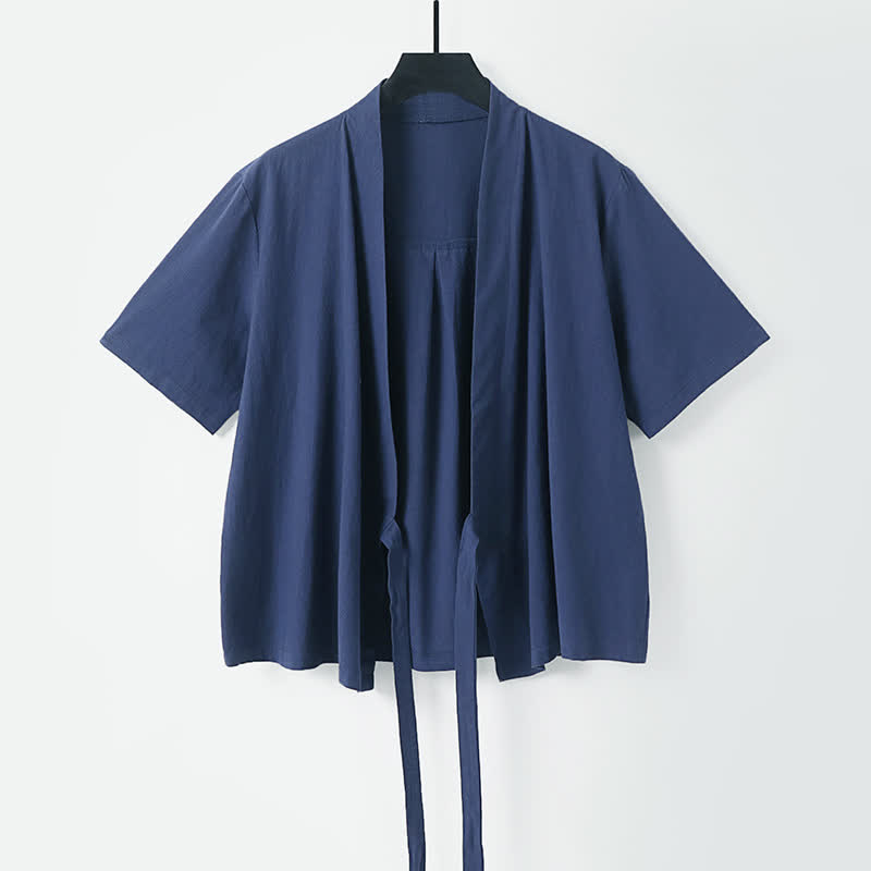 Nimara Ritual Summer Casual Minimalist Short Sleeve Solid Lace-up Open Front Cotton Linen Men's Kimono