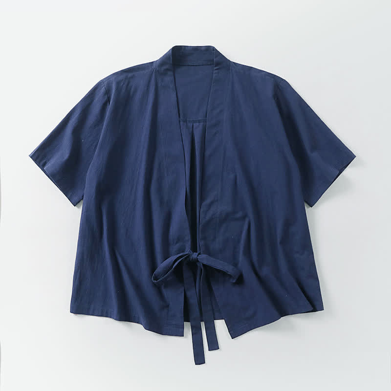 Nimara Ritual Summer Casual Minimalist Short Sleeve Solid Lace-up Open Front Cotton Linen Men's Kimono