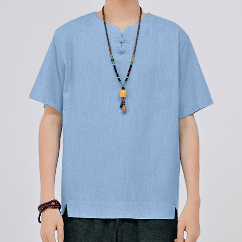 Nimara Ritual Summer Tang Style Minimalist Two Frog Button Crew Neck Solid Men's Short Sleeve Shirts
