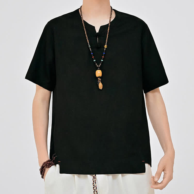 Nimara Ritual Summer Tang Style Minimalist Two Frog Button Crew Neck Solid Men's Short Sleeve Shirts