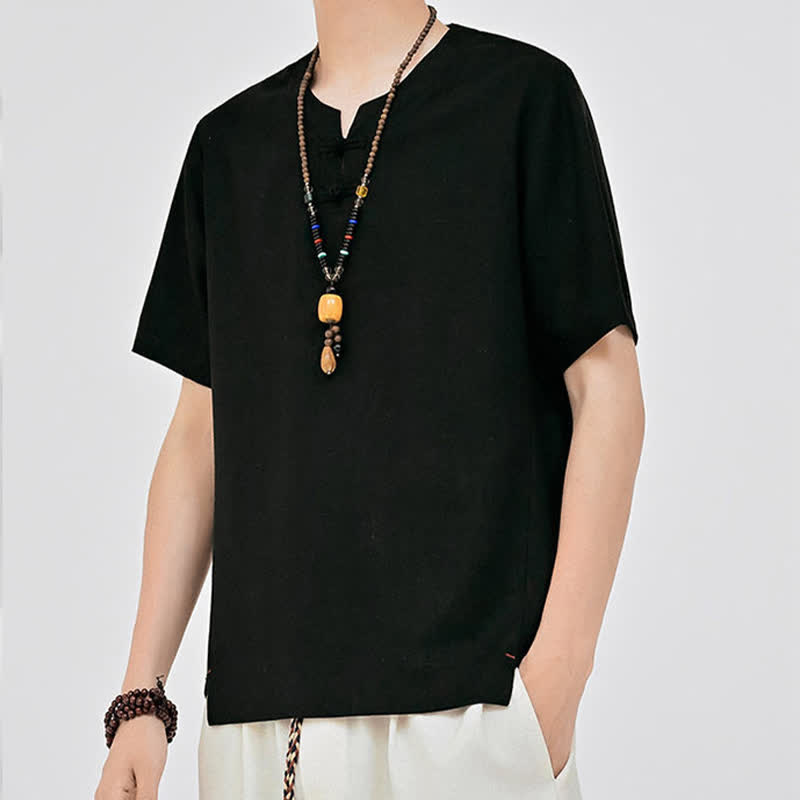 Nimara Ritual Summer Tang Style Minimalist Two Frog Button Crew Neck Solid Men's Short Sleeve Shirts