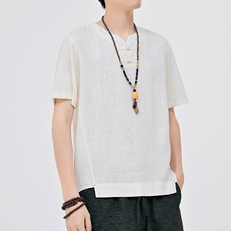 Nimara Ritual Summer Tang Style Minimalist Two Frog Button Crew Neck Solid Men's Short Sleeve Shirts