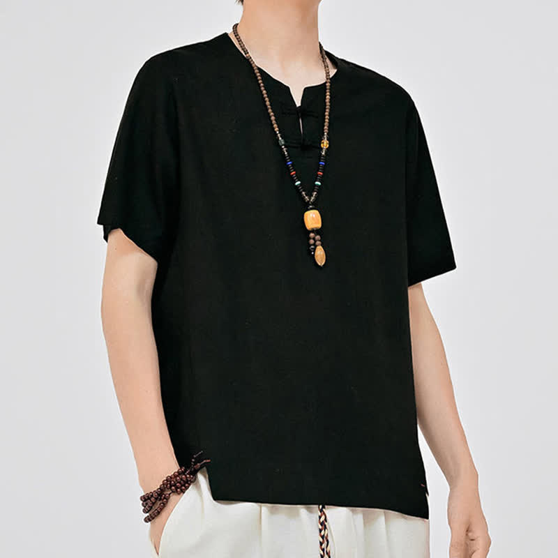 Nimara Ritual Summer Tang Style Minimalist Two Frog Button Crew Neck Solid Men's Short Sleeve Shirts