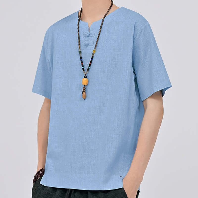 Nimara Ritual Summer Tang Style Minimalist Two Frog Button Crew Neck Solid Men's Short Sleeve Shirts