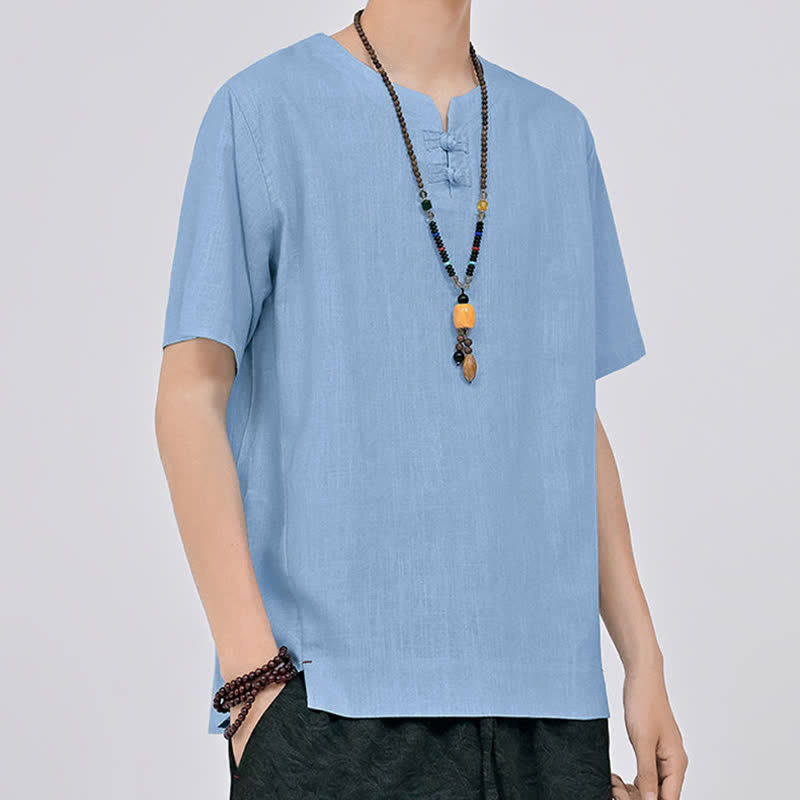 Nimara Ritual Summer Tang Style Minimalist Two Frog Button Crew Neck Solid Men's Short Sleeve Shirts