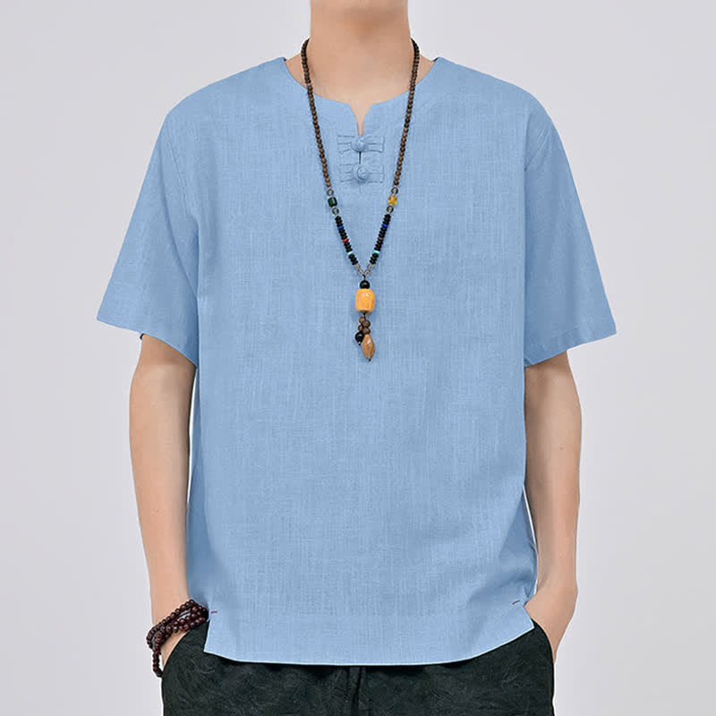 Nimara Ritual Summer Tang Style Minimalist Two Frog Button Crew Neck Solid Men's Short Sleeve Shirts