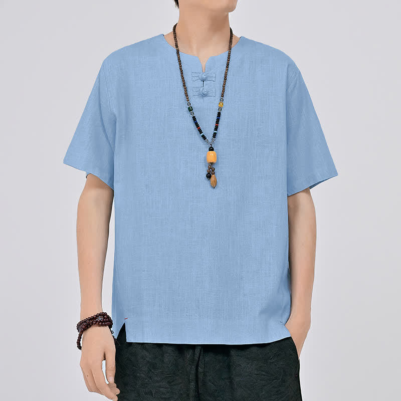 Nimara Ritual Summer Tang Style Minimalist Two Frog Button Crew Neck Solid Men's Short Sleeve Shirts
