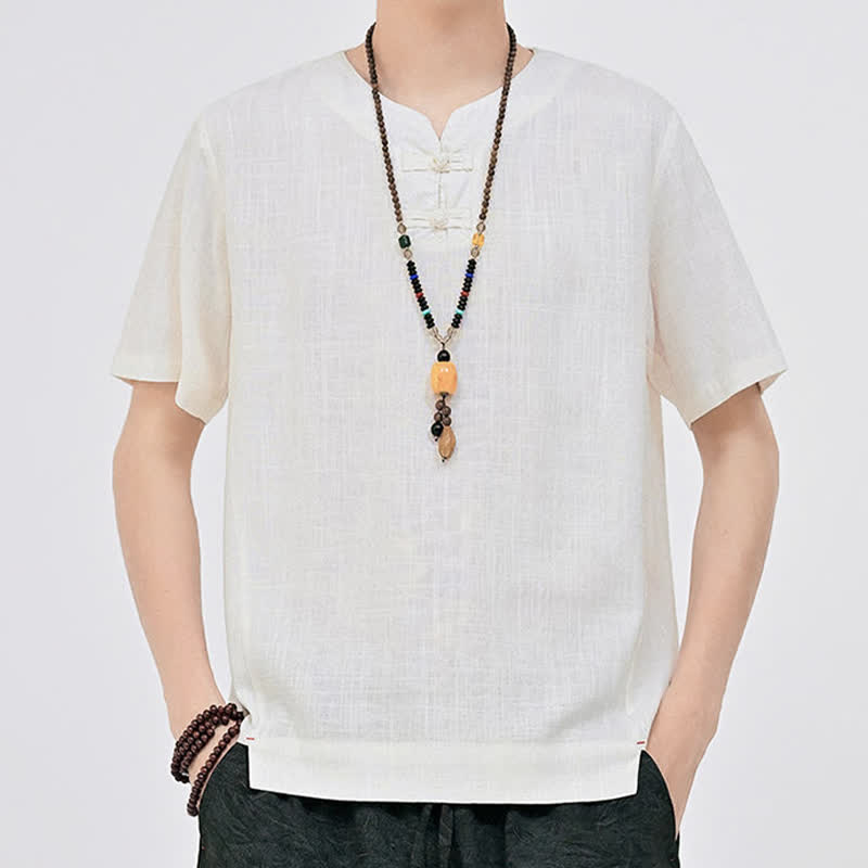 Nimara Ritual Summer Tang Style Minimalist Two Frog Button Crew Neck Solid Men's Short Sleeve Shirts