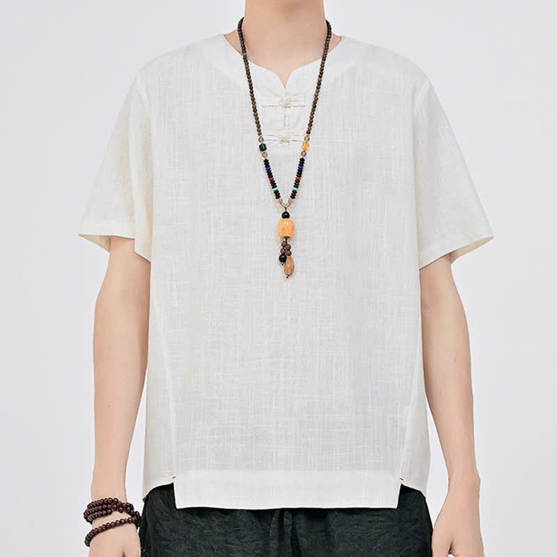 Nimara Ritual Summer Tang Style Minimalist Two Frog Button Crew Neck Solid Men's Short Sleeve Shirts