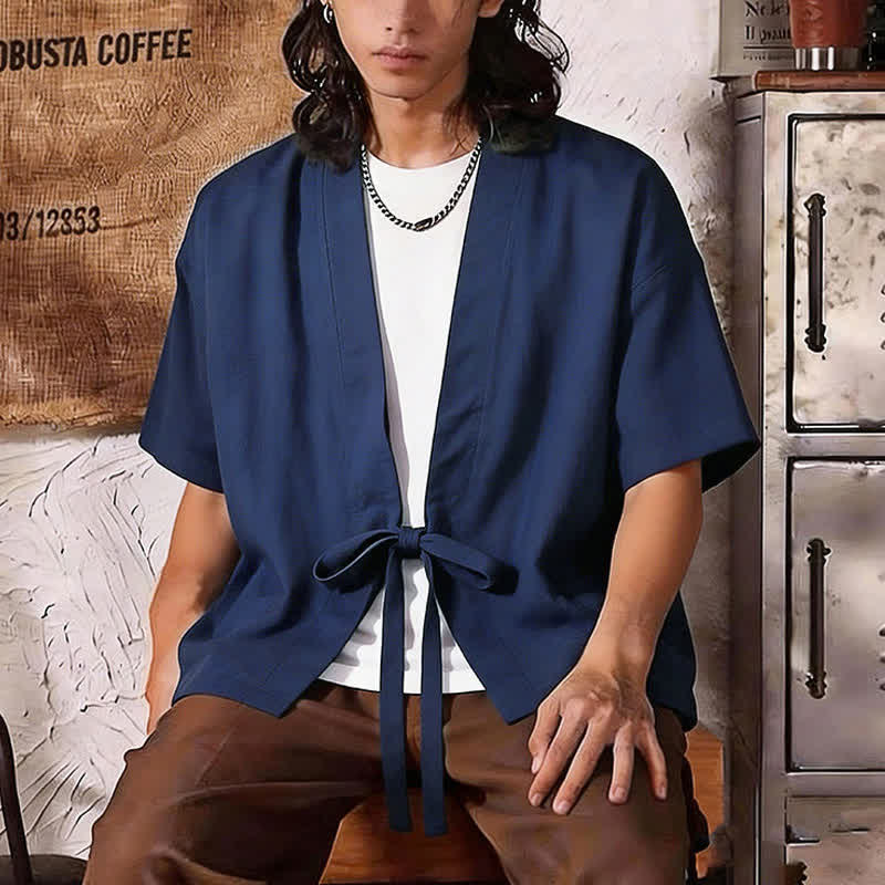 Nimara Ritual Summer Casual Minimalist Short Sleeve Solid Lace-up Open Front Cotton Linen Men's Kimono