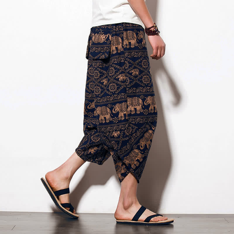 Nimara Ritual Elephant Brown Black Print Men's Long Cropped Harem Pants With Pockets