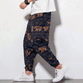 Nimara Ritual Elephant Brown Black Print Men's Long Cropped Harem Pants With Pockets