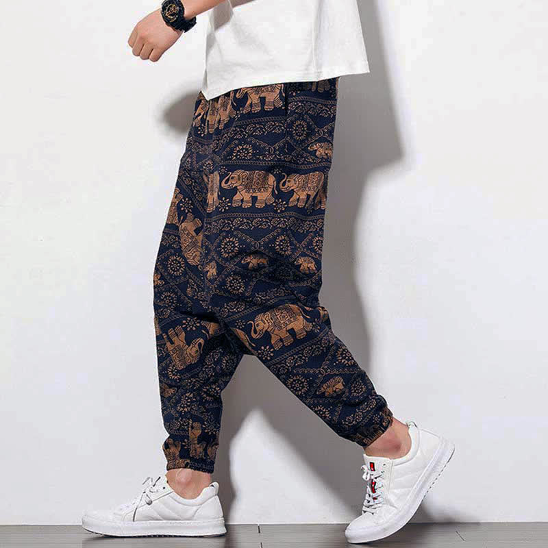 Nimara Ritual Elephant Brown Black Print Men's Long Cropped Harem Pants With Pockets