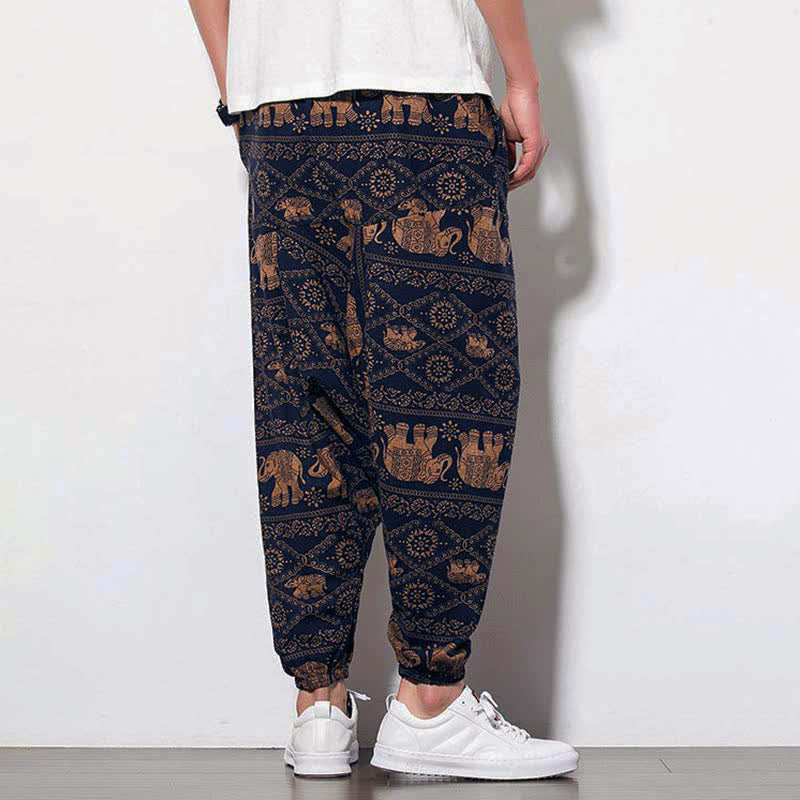 Nimara Ritual Elephant Brown Black Print Men's Long Cropped Harem Pants With Pockets