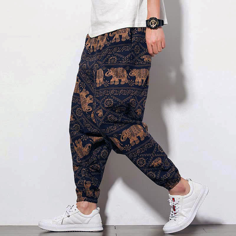 Nimara Ritual Elephant Brown Black Print Men's Long Cropped Harem Pants With Pockets