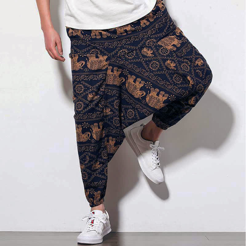 Nimara Ritual Elephant Brown Black Print Men's Long Cropped Harem Pants With Pockets