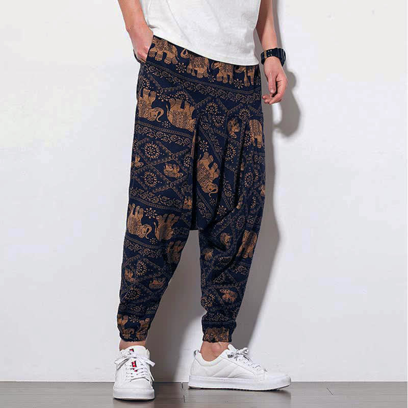 Nimara Ritual Elephant Brown Black Print Men's Long Cropped Harem Pants With Pockets