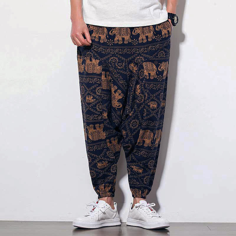 Nimara Ritual Elephant Brown Black Print Men's Long Cropped Harem Pants With Pockets