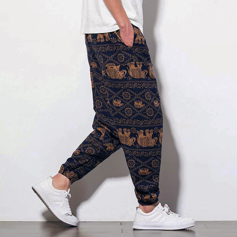 Nimara Ritual Elephant Brown Black Print Men's Long Cropped Harem Pants With Pockets