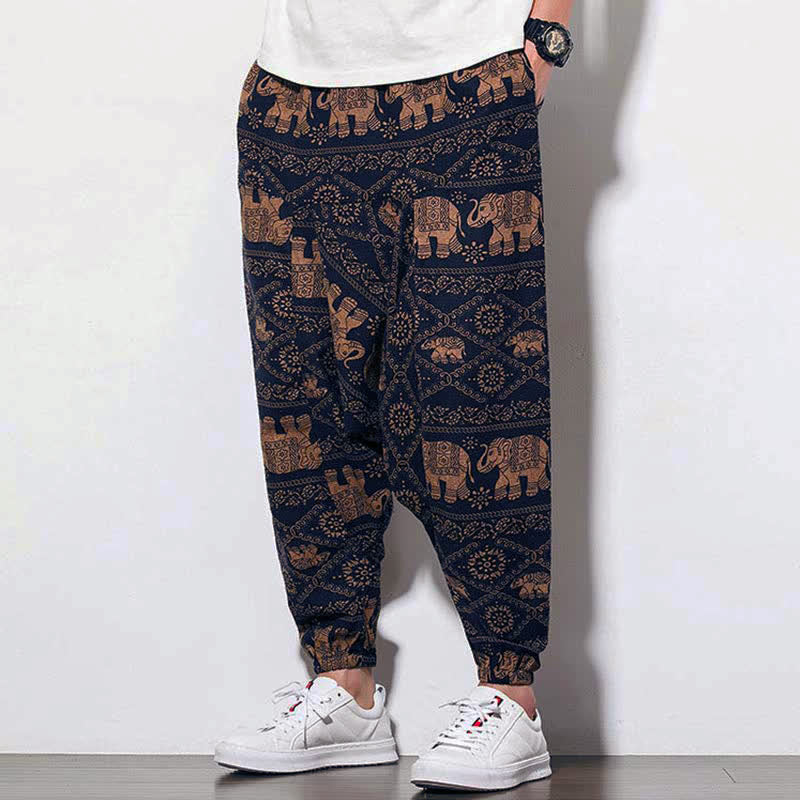 Nimara Ritual Elephant Brown Black Print Men's Long Cropped Harem Pants With Pockets