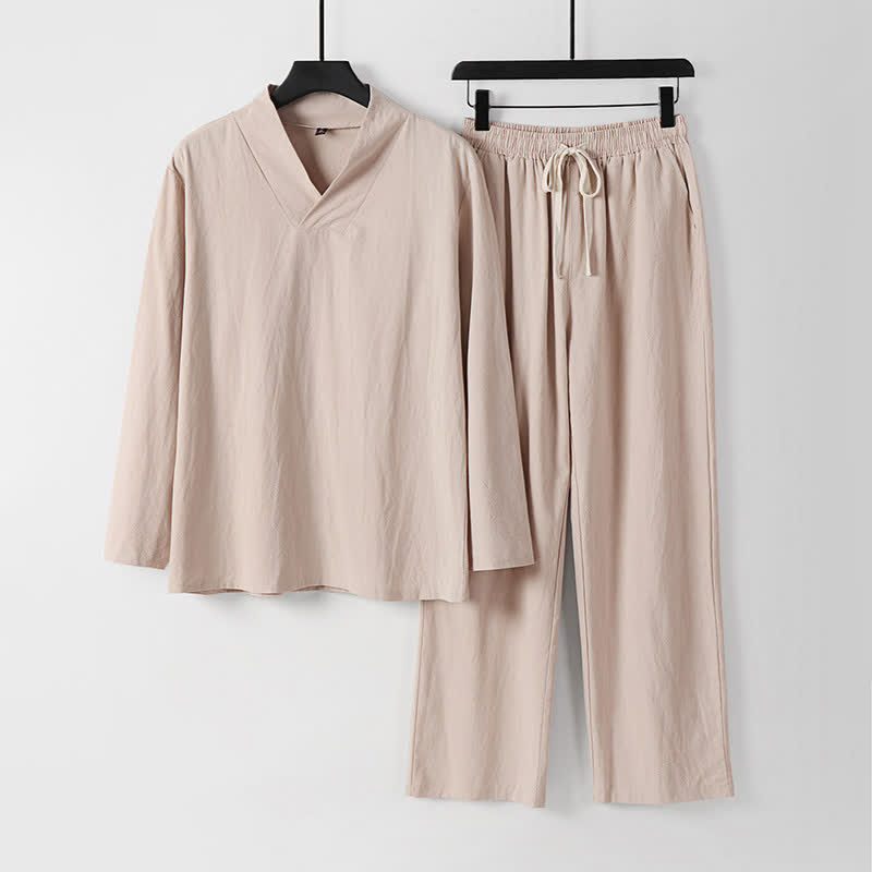 Nimara Ritual Cross-Collars Cotton Linen Tang Suit Hanfu Top Pants Clothing Men's Set