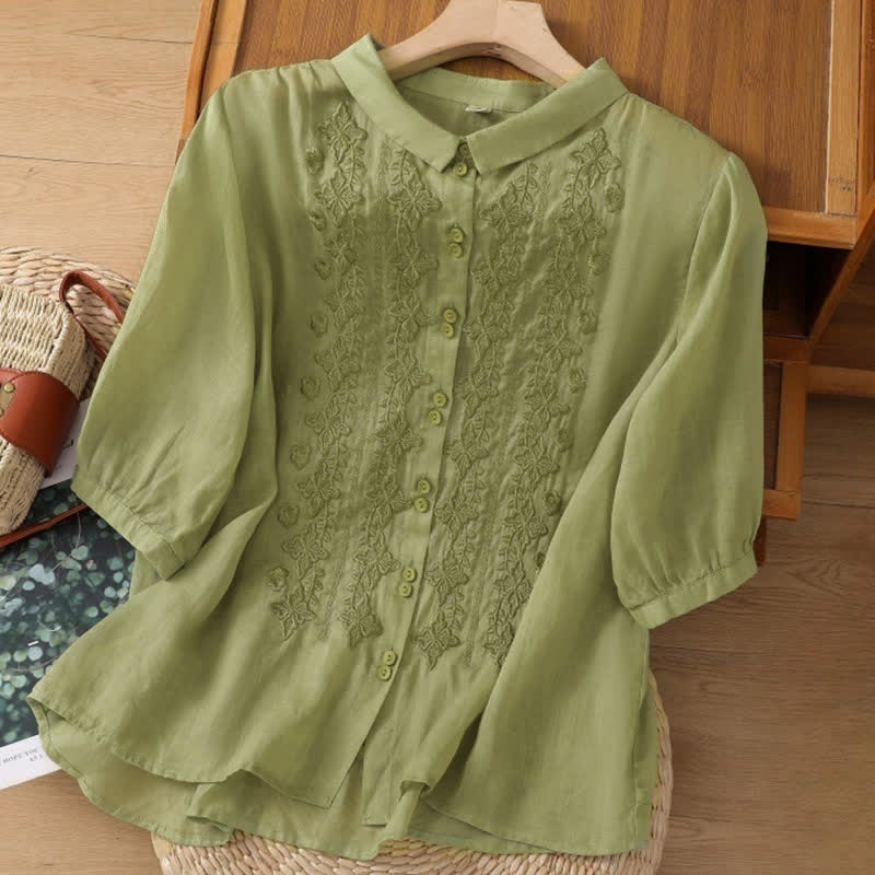 Nimara Ritual Summer Plain Button Embroidery Flower Pattern Three Quarter Sleeve Lapel Women's Shirt