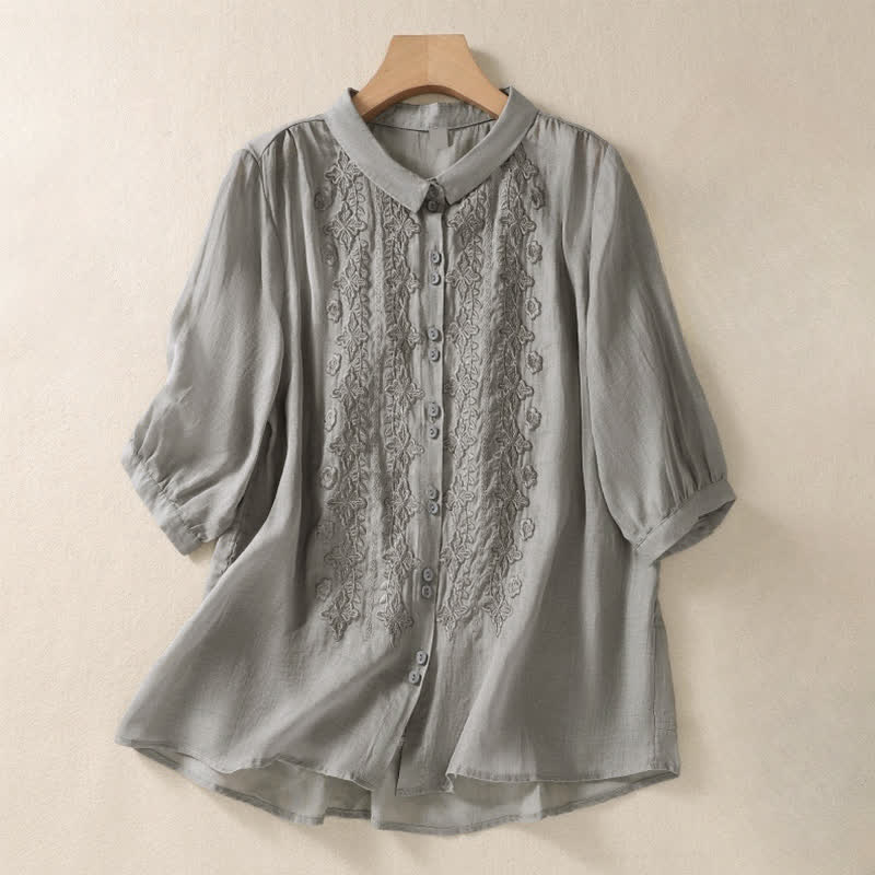 Nimara Ritual Summer Plain Button Embroidery Flower Pattern Three Quarter Sleeve Lapel Women's Shirt