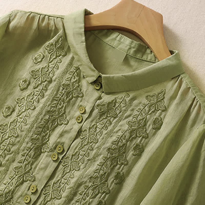 Nimara Ritual Summer Plain Button Embroidery Flower Pattern Three Quarter Sleeve Lapel Women's Shirt