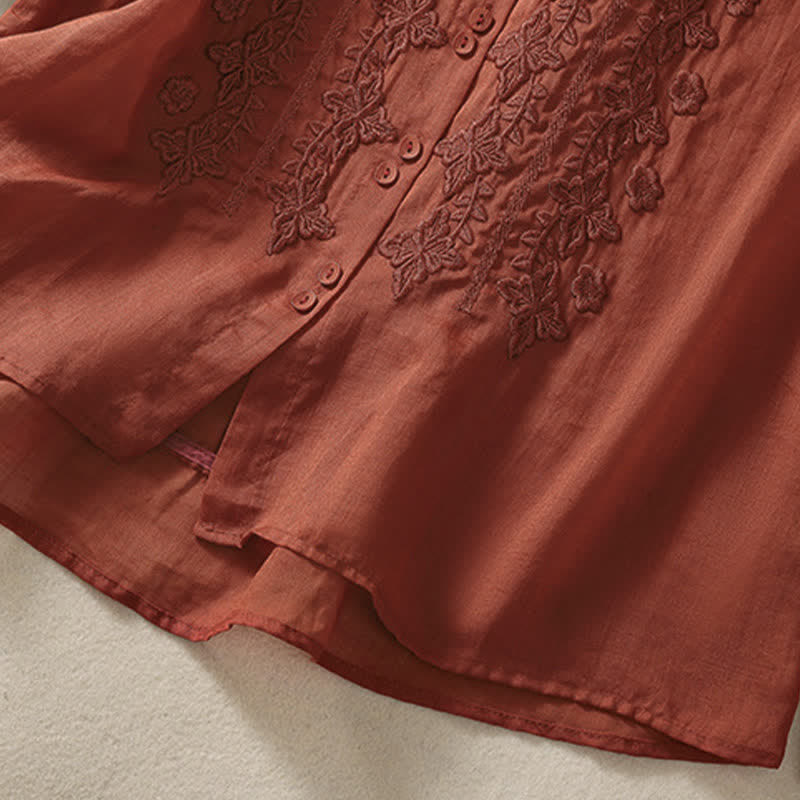 Nimara Ritual Summer Plain Button Embroidery Flower Pattern Three Quarter Sleeve Lapel Women's Shirt