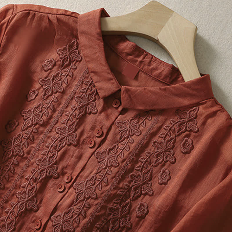 Nimara Ritual Summer Plain Button Embroidery Flower Pattern Three Quarter Sleeve Lapel Women's Shirt