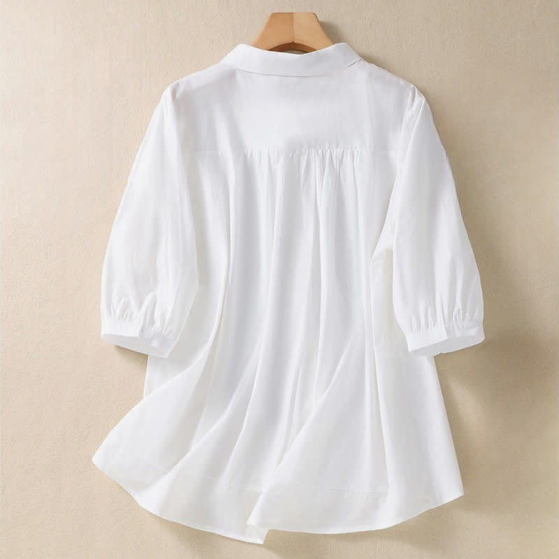 Nimara Ritual Summer Plain Button Embroidery Flower Pattern Three Quarter Sleeve Lapel Women's Shirt