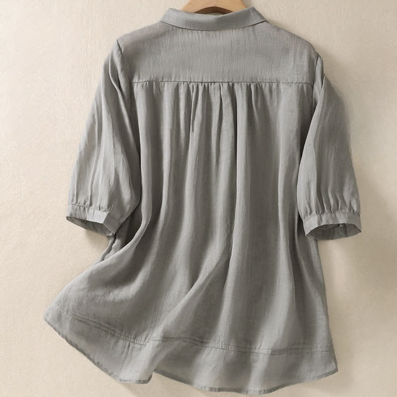 Nimara Ritual Summer Plain Button Embroidery Flower Pattern Three Quarter Sleeve Lapel Women's Shirt