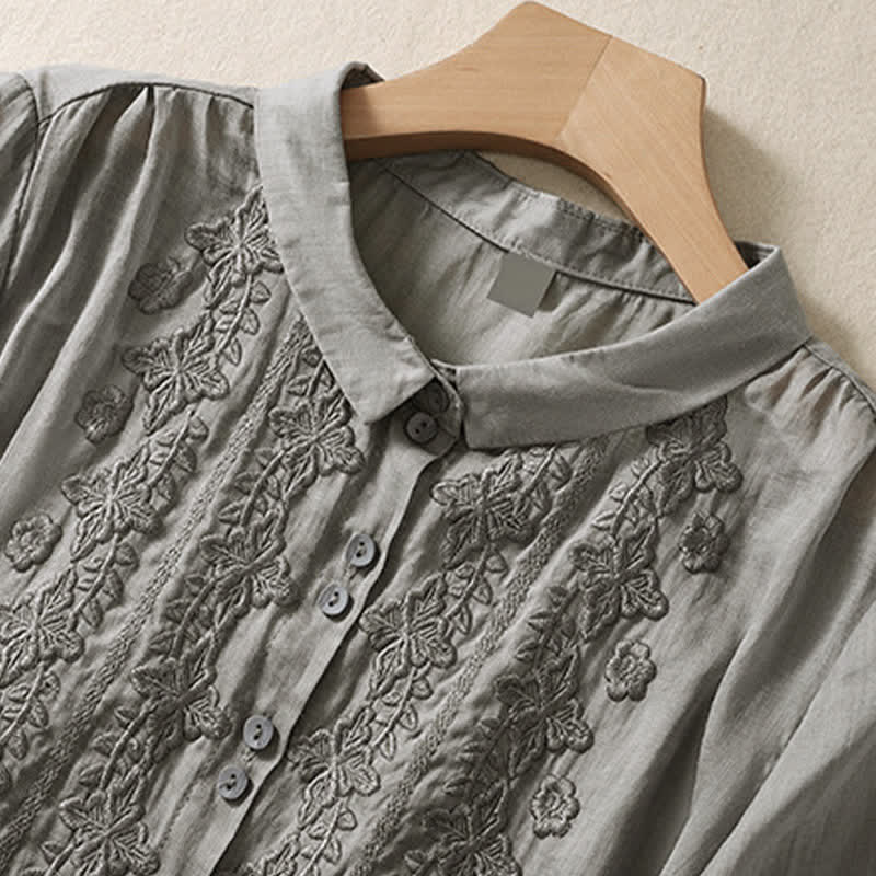 Nimara Ritual Summer Plain Button Embroidery Flower Pattern Three Quarter Sleeve Lapel Women's Shirt