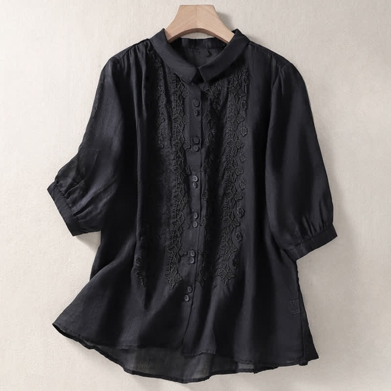 Nimara Ritual Summer Plain Button Embroidery Flower Pattern Three Quarter Sleeve Lapel Women's Shirt