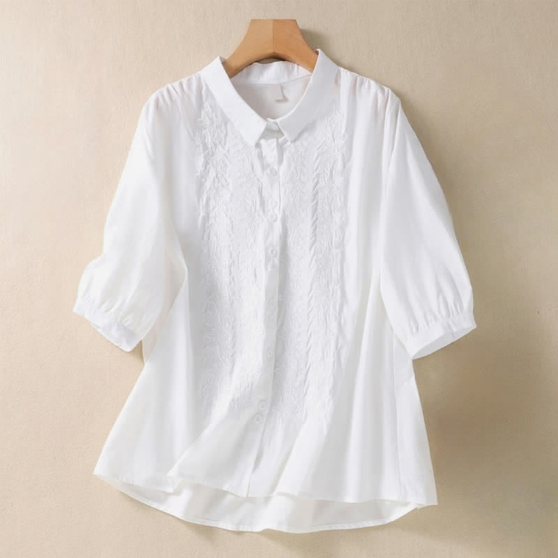 Nimara Ritual Summer Plain Button Embroidery Flower Pattern Three Quarter Sleeve Lapel Women's Shirt